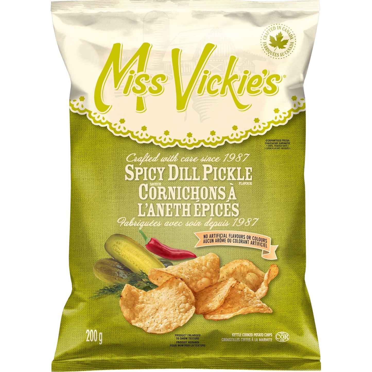 Miss Vickie's Spicy Dill Pickle flavour Kettle Cooked Potato Chips, 200 g.