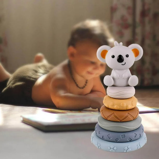 004 baby stacking ring teether toy stackable building blocks silicone teether soft toddler newborn 6-18 months with koala