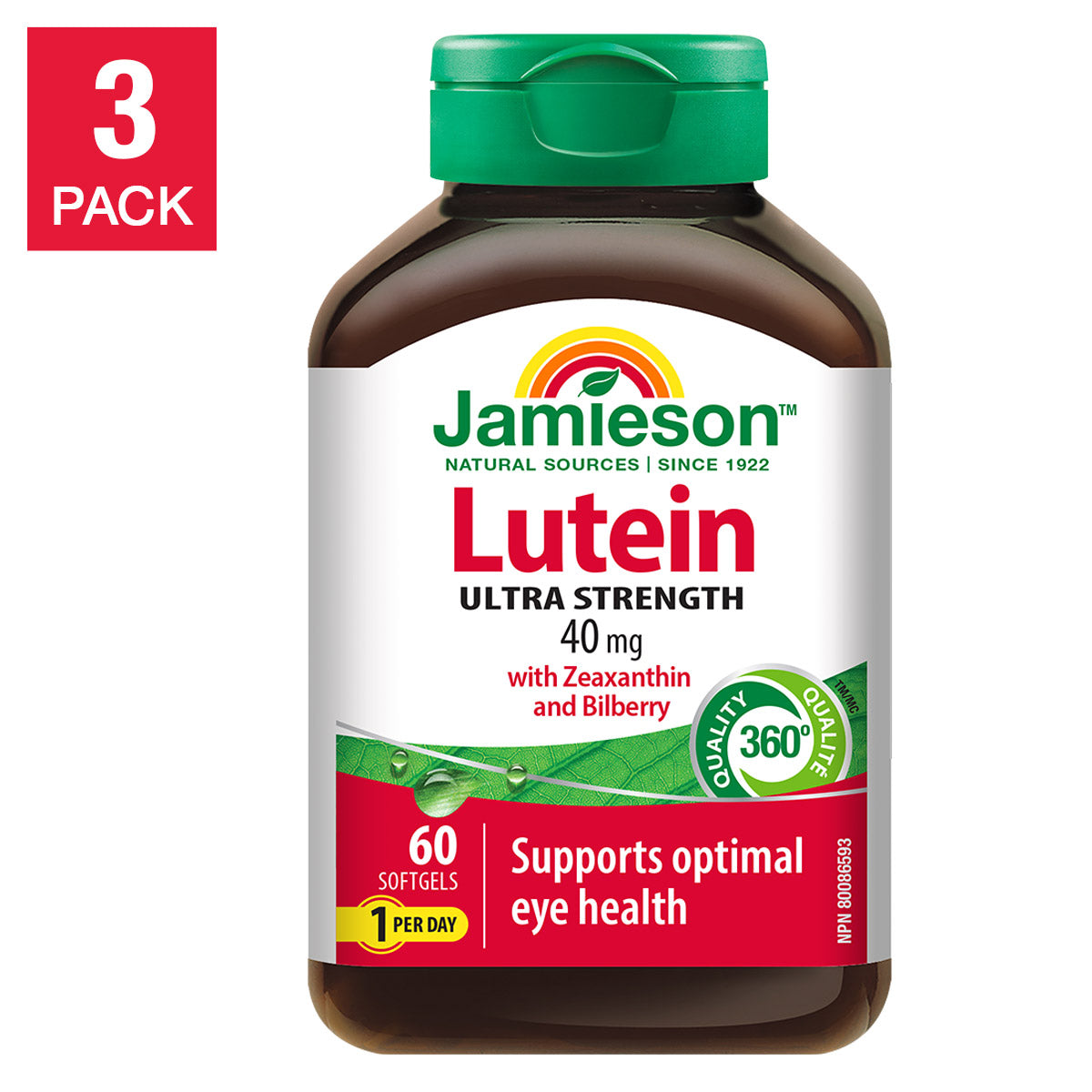 Jamieson 葉黃素 40 毫克,含玉米黃質和越橘萃取物,3 x 60 粒軟膠囊
