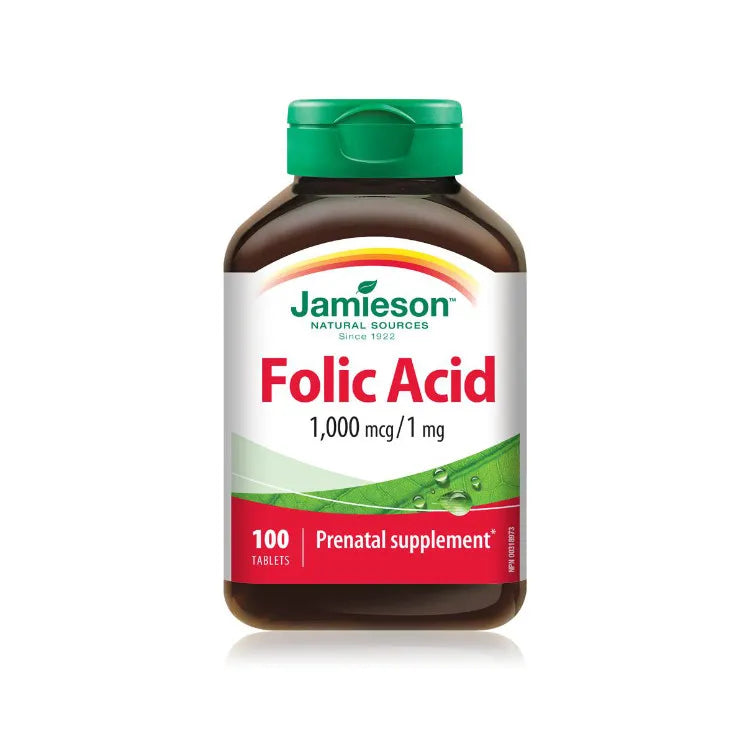 Canadian Jamieson natural folic acid tablets natural grain extract 1000 micrograms high dose to promote red blood cell production