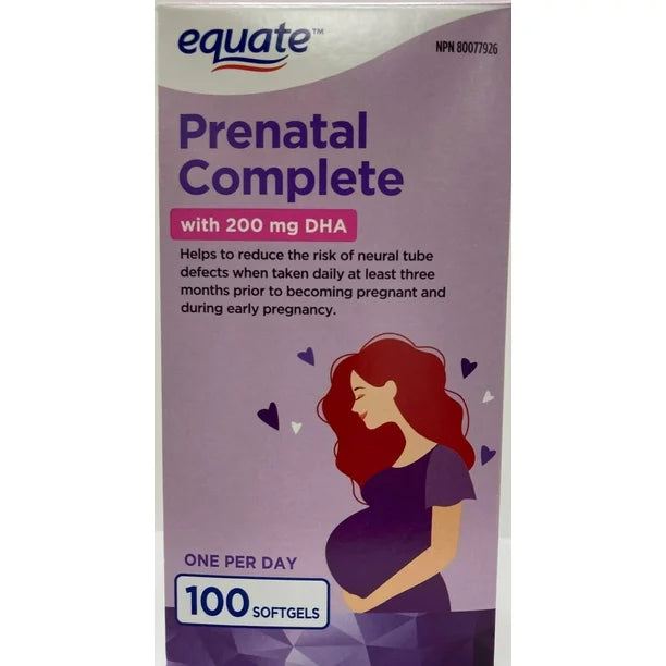 Equate Prenatal Complete with 200 mg DHA, 100 softgels, one per day