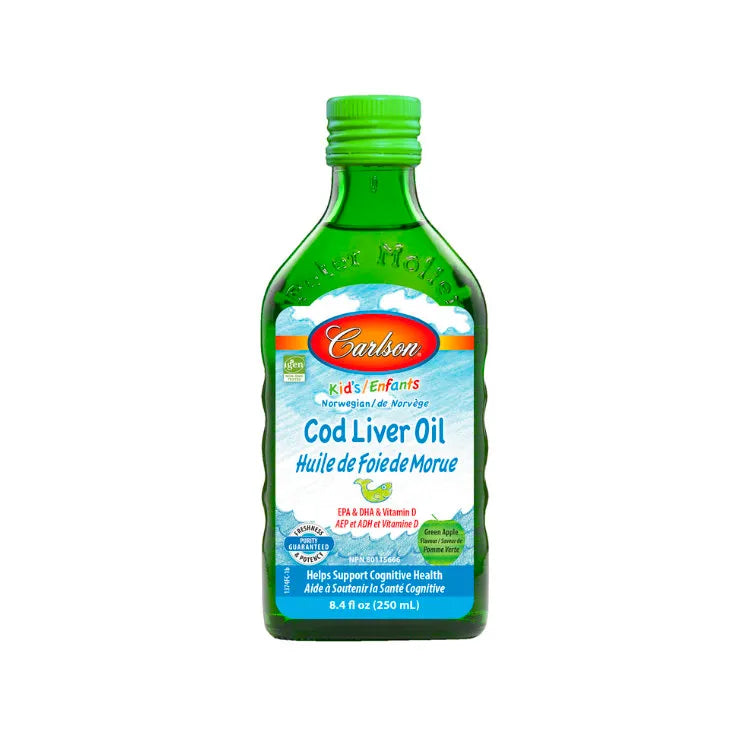 Carlson Labs Norwegian cod liver oil for children 250ml/apple flavor contains vitamin A and vitamin D to promote brain and vision development and maintain bone health