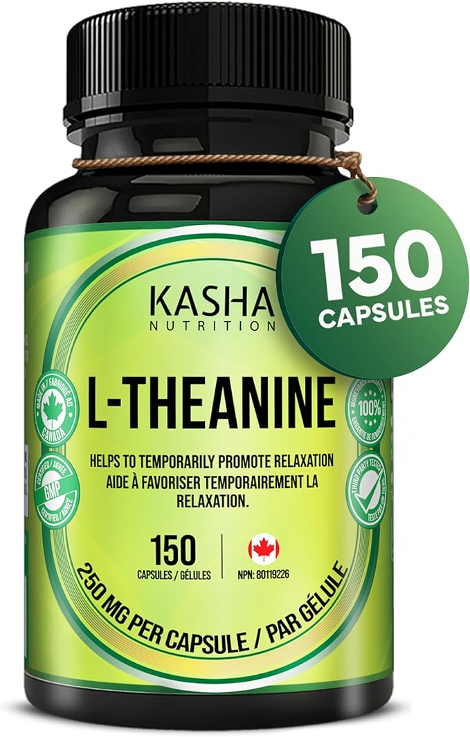 002 Kasha Nutrition High Potency & Purity L-Theanine 250 mg (150 Capsules, 5 Month Supply) - L Theanine for Relaxation for Men and Women | Stress Support, Mental Calm, Relaxation | 5 Month Supply | Vegan, Non-GMO, Made in Canada