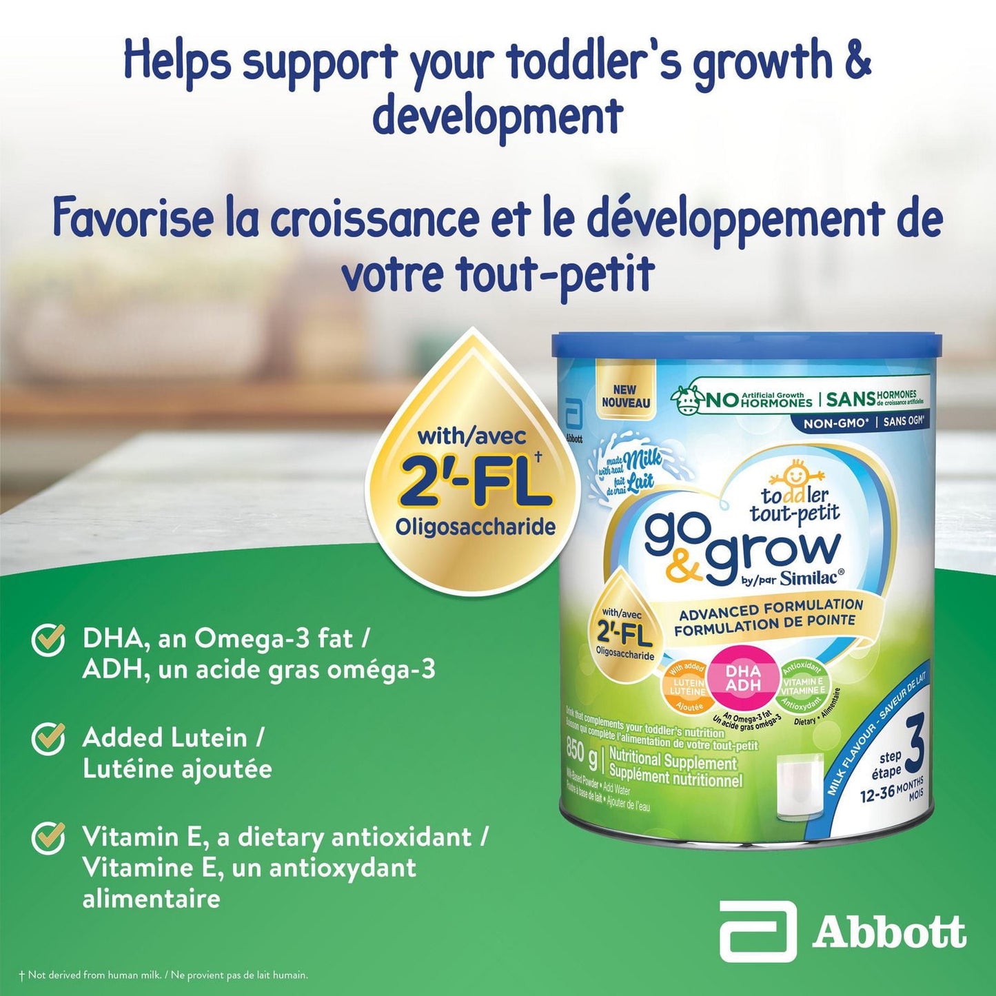 Similac Go & Grow 3 段幼兒飲料,含 2'-FL。免疫支持創新:2'-FL,粉劑,12-36 個月,牛奶味,850 克,1x850 克