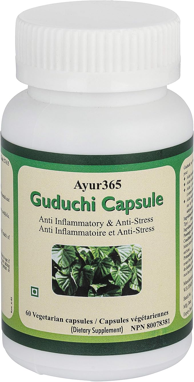 002 Ayur365 Guduchi 膠囊,用於緩解壓力、補充能量並幫助退燒 60 克拉。