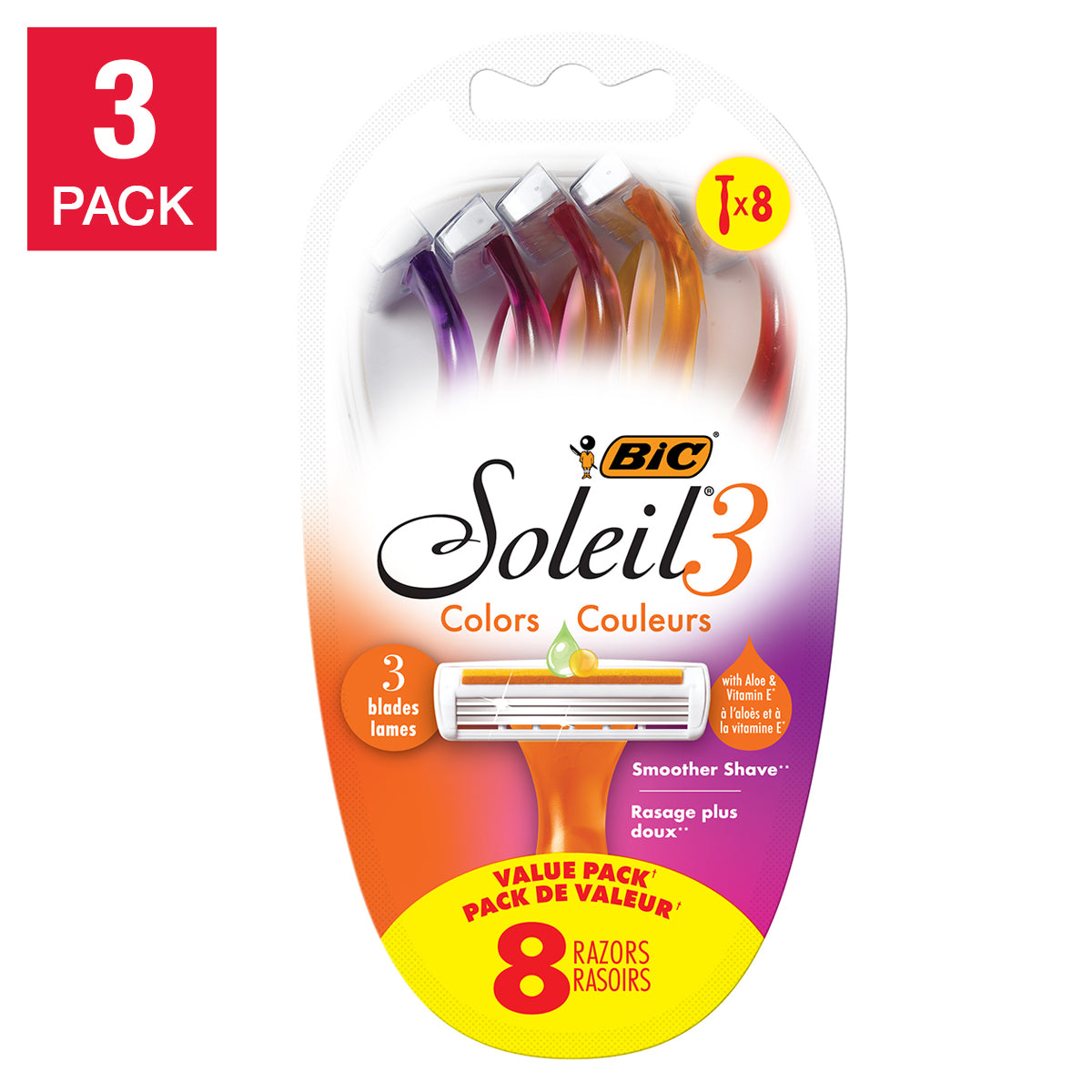 BIC Soleil Colour Collection 女士一次性剃须刀,多种颜色可选,3支装