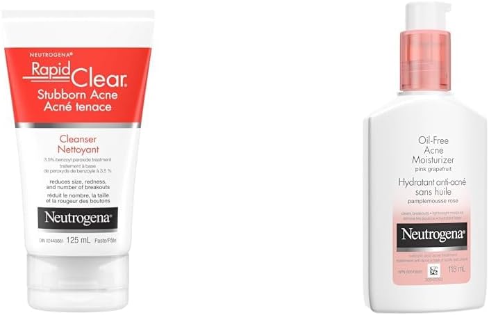 Neutrogena Acne Neutrogena Rapid clear stubborn acne Cleanser, 125 Milliliters & Acne Moisturizer, Pink Grapefruit Salicylic Acid Acne Treatment, 118 mL