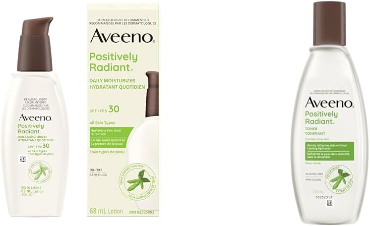 Aveeno Positively Radiant 每日保湿霜 SPF30,68 毫升(包装可能有所不同)和含大豆提取物的净肤爽肤水,不含酒精 - 6.7 液体盎司