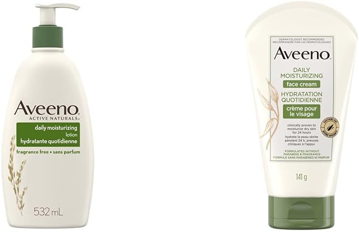 Aveeno 身体乳(带泵)、Active Naturals 每日保湿无香霜(适合干性皮肤)和每日保湿面霜(每日保湿面部和颈部乳液)- 无香型,141 克