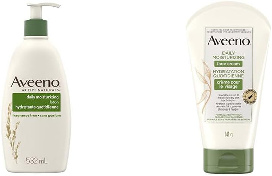 Aveeno 身体乳(带泵)、Active Naturals 每日保湿无香霜(适合干性皮肤)和每日保湿面霜(每日保湿面部和颈部乳液)- 无香型,141 克