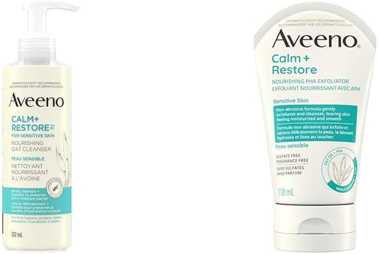 Aveeno Calm + Restore 滋养燕麦洁面乳(敏感肌肤适用)和 Calm + Restore 滋养 PHA 去角质霜 118 毫升,1