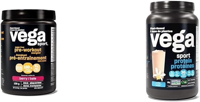 Vega Sport 無糖運動前能量飲料,莓果味(40 份)和運動蛋白素食蛋白粉,香草味(20 份)支鏈氨基酸、氨基酸、生酮友好型、酸櫻桃味、無麩質