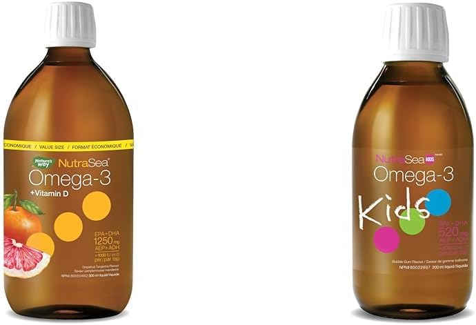 Nature's Way NutraSea Omega-3 和维生素 D 补充剂 - 含 EPA 和 DHA 的鱼油 - 葡萄柚橘子味,500 毫升液体 & Nature's Way NutraSea 儿童 Omega-3 和维生素 D 补充剂 - 200 毫升液体