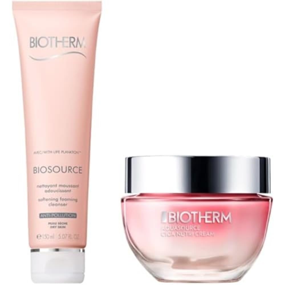 碧欧泉干性皮肤套装,含积雪草和水杨酸,包括 Biosource 柔肤泡沫洁面乳和 Aquasource 面霜,为干性皮肤保湿