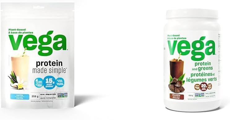 Vega Protein Made Simple - 香草味(259克)和蛋白质与绿色巧克力味(19份)植物基蛋白粉加蔬菜,n,非转基因,豌豆蛋白,男女适用,618克(包装可能有所不同)