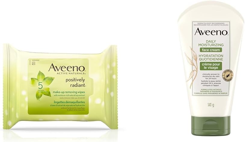 Aveeno 卸妆湿巾、大豆提取物正能量焕彩洁面湿巾(25 片装)和每日保湿面霜(每日保湿面部和颈部乳液)(无香型,141 克)