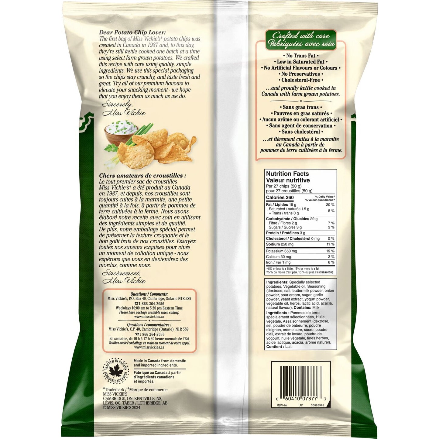 Miss Vickie's Sour Cream, Herb & Onion Kettle Cooked Potato Chips, 200 g.