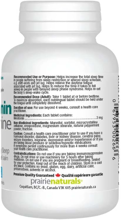 Prairie Naturals 舌下褪黑激素 3 毫克片;有助于增加总睡眠时间,有助于缓解与时差、轮班工作相关的白天疲劳,减少入睡时间,有助于重置身体的睡眠-觉醒周期……