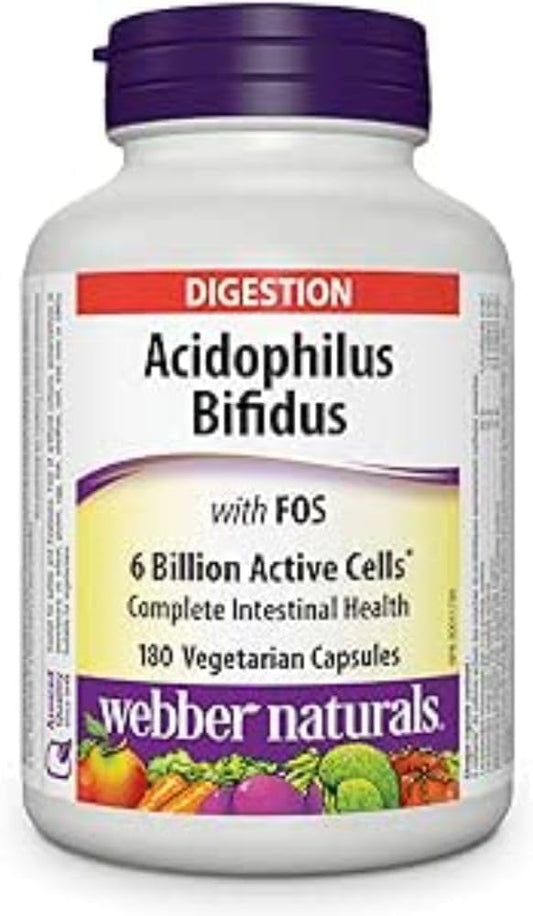 Webber Naturals 嗜酸乳桿菌雙歧桿菌(含低聚果糖),60 億活性細胞,4 種益生菌菌株,180 粒膠囊,促進消化健康,素食