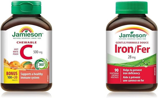 Jamieson 咀嚼維生素 C 500 毫克 - 白桃口味,120 粒(1 包)和溫和鐵 28 毫克雙甘氨酸亞鐵 - 無麩質,90 粒(1 包)
