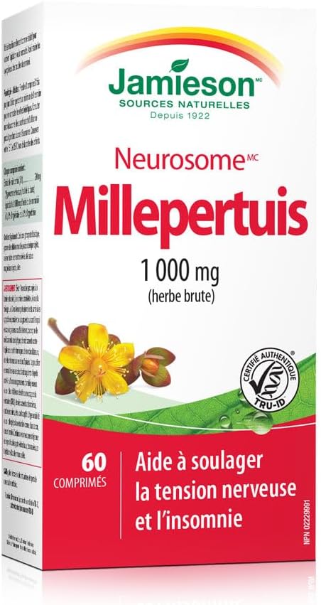 Jamieson St. John's Wort 1,000 mg, Neurosome, Calming, and Helps Relieve Nervousness. Non-GMO, Gluten-Free, 60 Tablets, Proudly Canadian