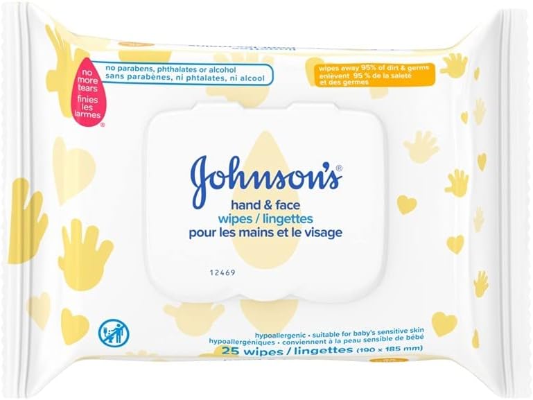 Johnson’s Hand and Face Baby Cleansing Wipes for Sensitive Skin, Alcohol Free, Travel Pack, 25 Count