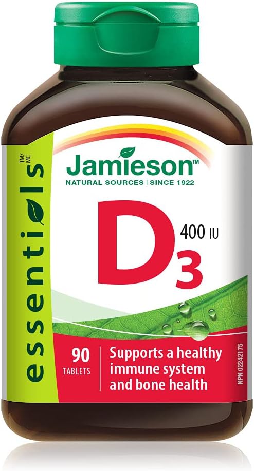 Jamieson 維生素 D3 400 國際單位片,支持免疫健康,強健骨骼和牙齒,增強鈣和磷的吸收。素食,非基因改造,無麩質,每日一片,90 片,加拿大製造