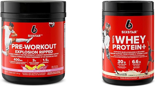 Pre Workout + Weight Loss Formula, Six Star Preworkout Explosion Ripped Energy Powder & Whey Protein Powder, Six Star 100% Whey Protein Plus, Whey Protein Isolate & Peptides, Lean Protein Powder