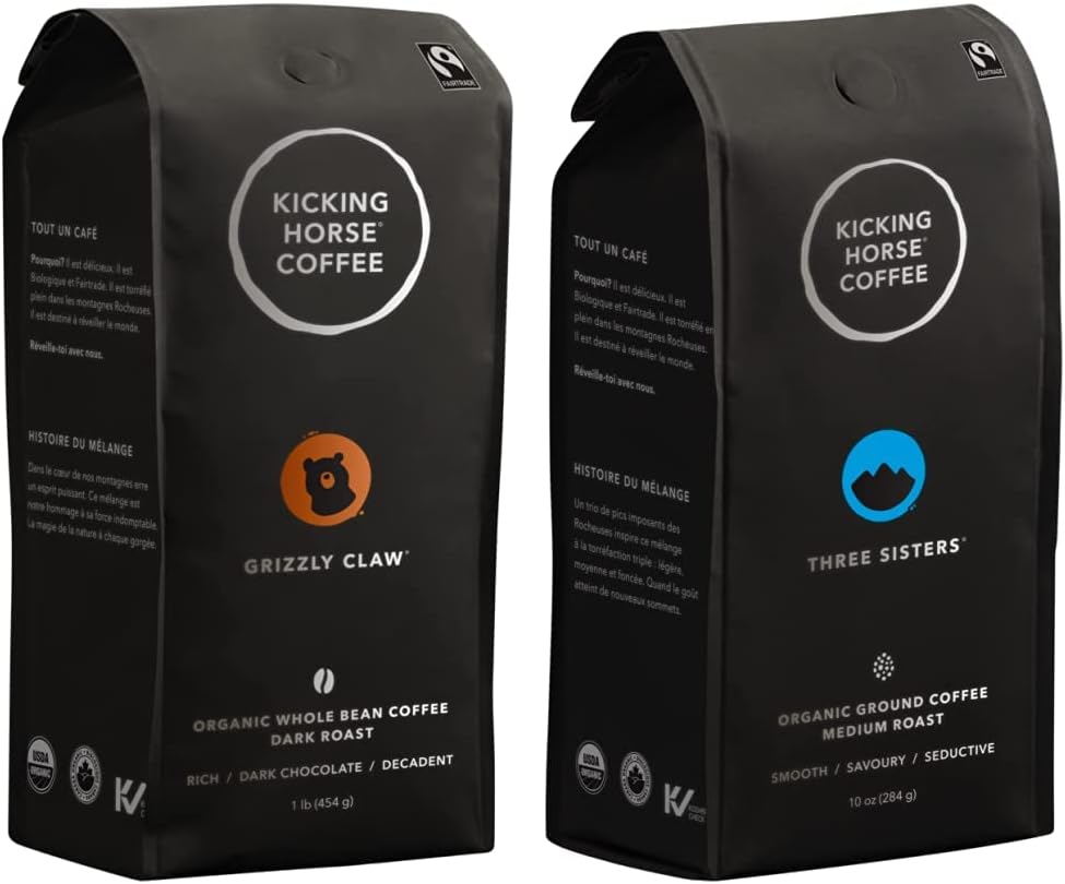 Kicking Horse Coffee,Grizzly Claw,深度烘焙,全豆,1 磅 - 有機認證,公平貿易 & Three Sisters,中度烘焙,研磨,284 克 - 有機認證,公平貿易,猶太潔食咖啡