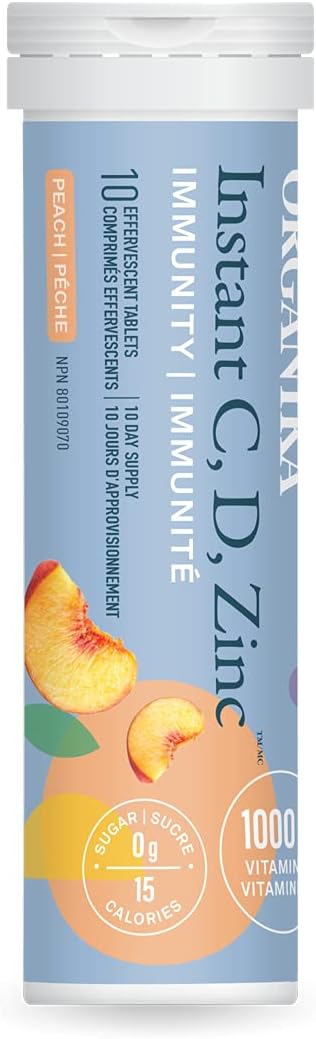 Organika Instant C, D, Zinc Effervescent Tablets - Peach Flavour- Immune Support- Single Tube x 10 Tablets