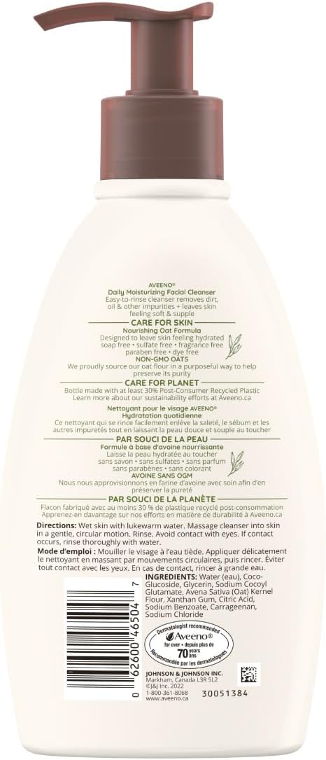 Aveeno 每日保湿洁面乳,洁面乳,适合干性皮肤,非转基因燕麦,每日清洁,不含防腐剂,无香精,354 毫升