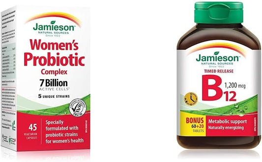 Jamieson 女性益生菌复合物 70 亿(45 粒素食胶囊)+ 维生素 B12(钴胺素)1200 微克定时释放(80 片)