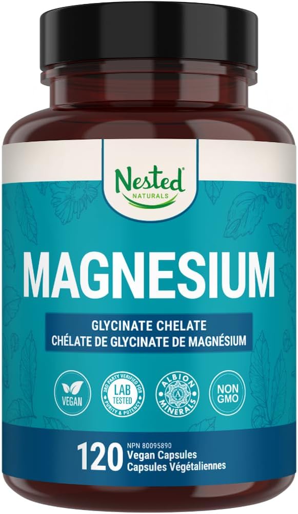 Nested Naturals 甘氨酸鎂螯合物 - 200 毫克螯合鎂補充劑,用於緩解肌肉痙攣、增強放鬆和改善睡眠支持 - 100% Albion TRACCS 緩衝甘氨酸鎂 - 120 粒純素鈣…