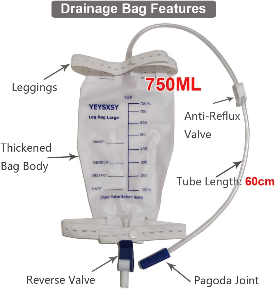 帶防反流室的尿液引流袋,750 毫升/25 盎司 25 英寸引流管,豪華織物腿袋(4 個裝)