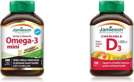 Jamieson 无鱼腥味超强效 Omega-3 迷你装,200 粒 & 维生素 D3 1,000 IU - 异国热带水果味,100 粒(1 包)