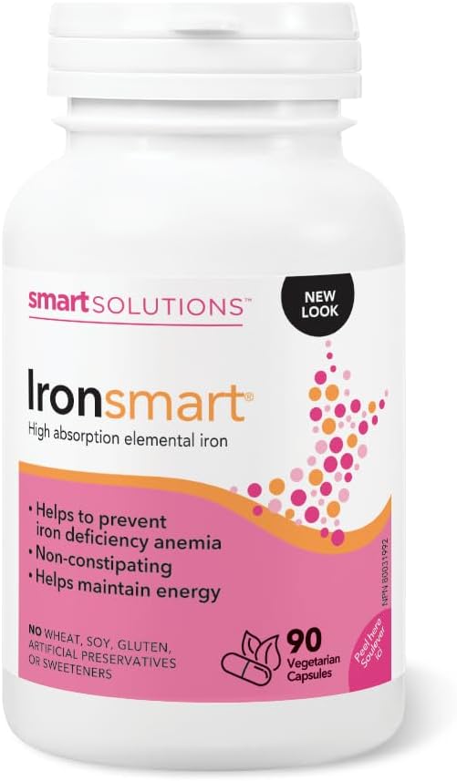 Smart Solutions Ironsmart 素食膠囊,有助於預防缺鐵性貧血,並保持活力。高吸收率元素鐵,不引起便秘,無麩質,90粒裝。