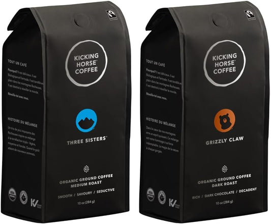 Kicking Horse Coffee - Three Sisters Blend;研磨 100% 阿拉比卡咖啡;中度烘焙;全有機和公平貿易;284 克 & Grizzly Claw Blend,研磨 100% 阿拉比卡咖啡