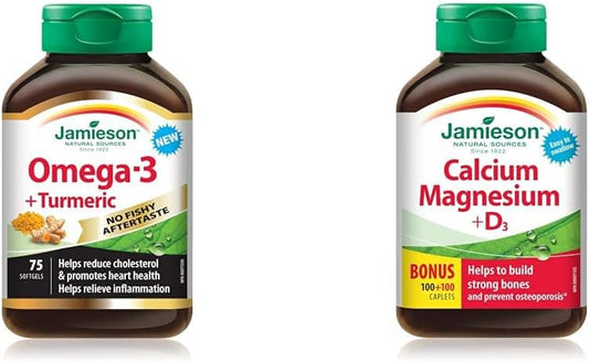 Jamieson No Fishy Aftertaste Omega-3 and Turmeric & Calcium Magnesium and Vitamin D3
