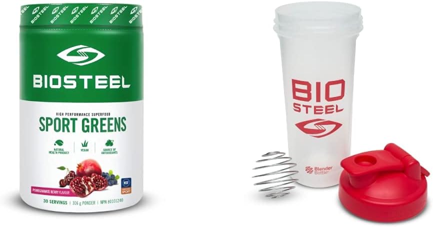 BioSteel Sport Greens 粉末(石榴浆果,30 份)+ BioSteel 摇摇杯(带打蛋器搅拌球)(24 盎司)