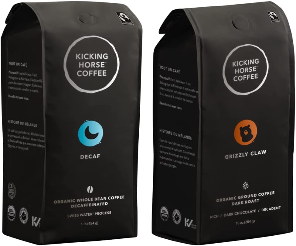 Kicking Horse Coffee,脱咖啡因,瑞士水处理,深度烘焙,全豆,1 磅,公平贸易,犹太洁食咖啡 & Grizzly Claw,深度烘焙,研磨,284 克 - 有机认证,公平贸易,犹太洁食咖啡