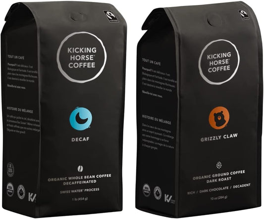 Kicking Horse Coffee,脱咖啡因,瑞士水处理,深度烘焙,全豆,1 磅,公平贸易,犹太洁食咖啡 & Grizzly Claw,深度烘焙,研磨,284 克 - 有机认证,公平贸易,犹太洁食咖啡