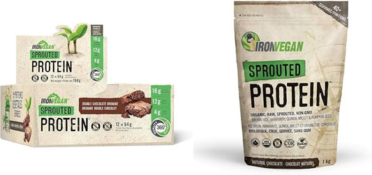 Iron Vegan Sprouted Protein Bars | Double Chocolate Brownie Flavour | 12 Pack & Sprouted Protein, Chocolate Flavour, 1kg | Vegan, plant-based, organic, gluten-free