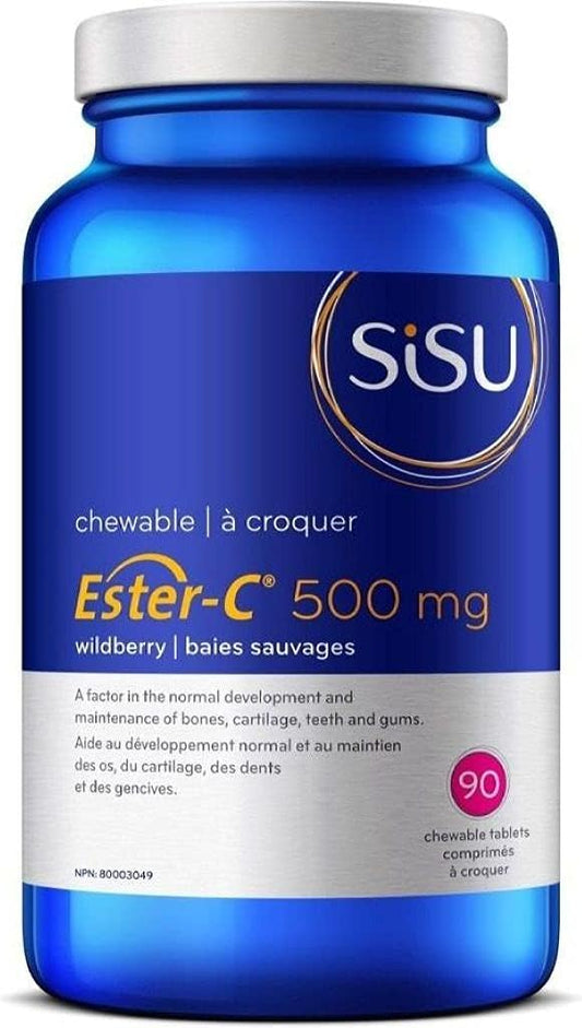 Sisu Ester-C 500毫克咀嚼片,漿果味,天然甜味維生素C,提供24小時免疫支持,酸性較低,比其他形式的維生素C更易吸收和保留,無麩質,純素