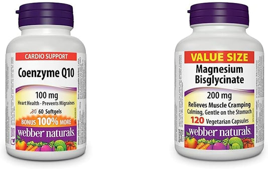 Webber Naturals 輔酶 Q10 (CoQ10) 100 毫克,60 粒軟膠囊和雙甘氨酸鎂 200 毫克,120 粒膠囊,支持骨骼和肌肉功能,純素