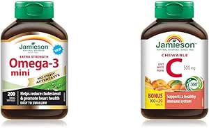 Jamieson 无鱼腥味超强效 Omega-3 迷你装,200 粒 & 咀嚼维生素 C 500 毫克 - 白桃口味,120 粒(1 包)