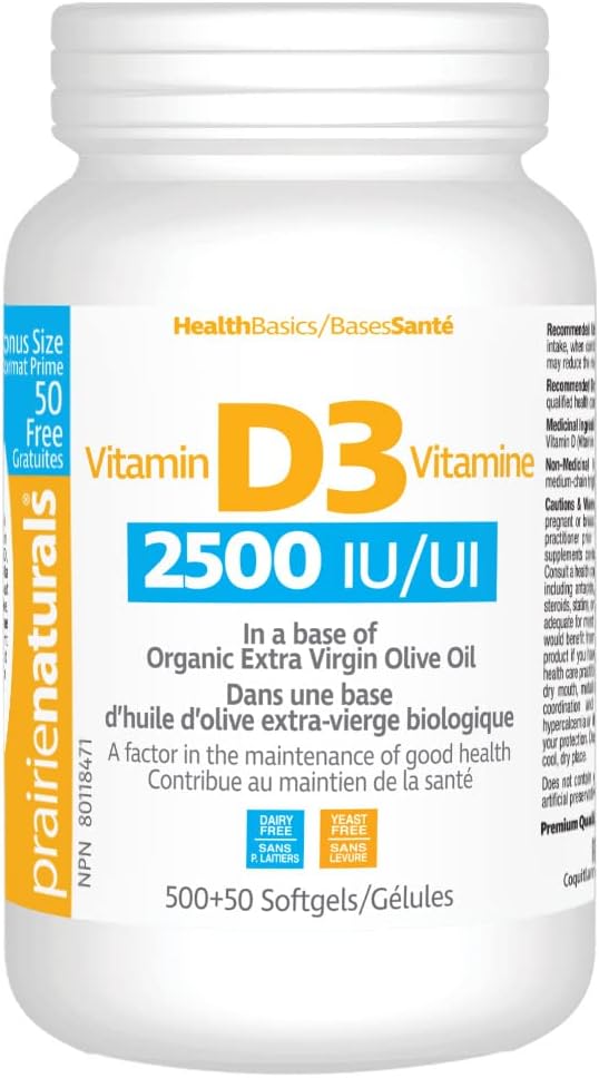 Prairie Naturals 维生素 D3 胆钙化醇 2,500iu 软胶囊,550 粒