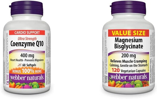 Webber Naturals 輔酶 Q10 (CoQ10) 400 毫克和雙甘氨酸鎂 200 毫克,120 粒膠囊,支持骨骼和肌肉功能,純素