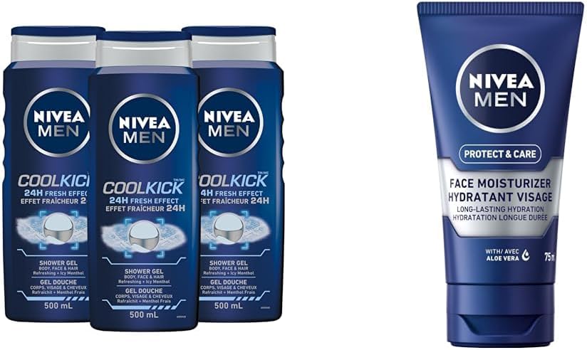 NIVEA MEN Cool Kick 3-in-1 Body Wash (3x500mL) + Protect & Care Face Moisturizer (75mL)