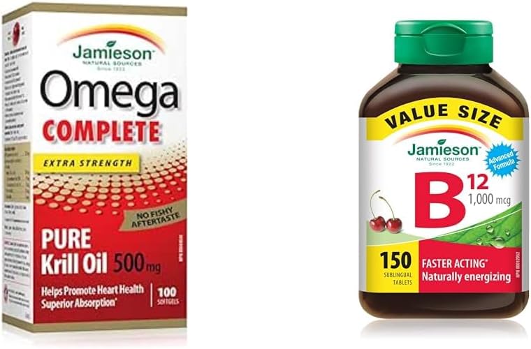Jamieson Omega Complete 纯磷虾油 500 毫克加强型 - 100 粒软胶囊,包装可能有所不同,维生素 B12 甲钴胺 1,000 微克速溶片 - 超值装