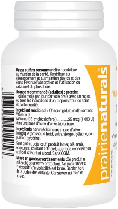 Prairie Naturals 维生素 D3 胆钙化醇 1,000 IU 有机特级初榨橄榄油软胶囊 - 180 粒